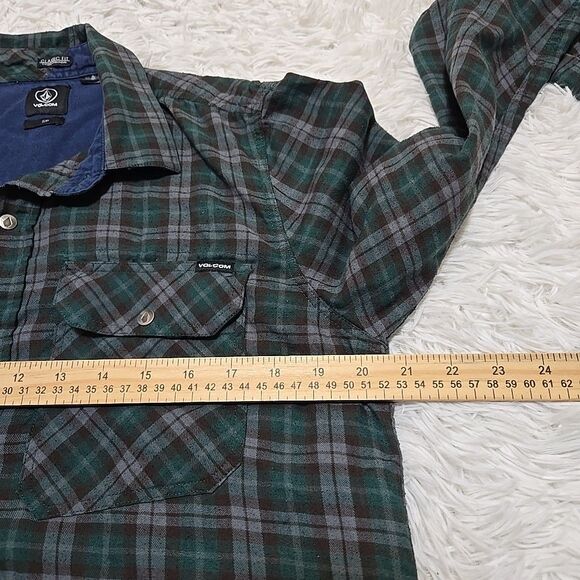 Volcom Mens Small Plaid Snap Button Up Shirt Long Sleeve Classic Fit Green Gray - Picture 9 of 10